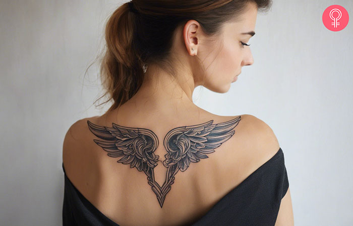 A woman with a tattoo of the wings of Valkyrie across her upper back shoulder