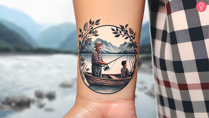 A grandpa and grandson fishing tattoo on the wrist